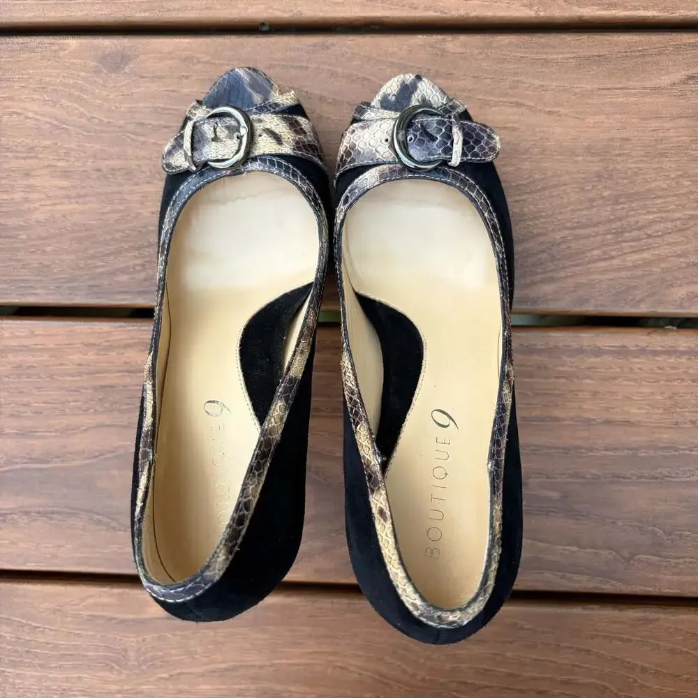 Boutique 9 Bubbles Black Suede & Snakeskin Print Leather Peep Toe Pumps Size 8